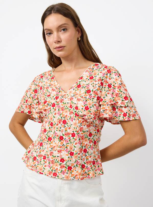 Orange Floral Printed Short Sleeve Tie Back Top 6
